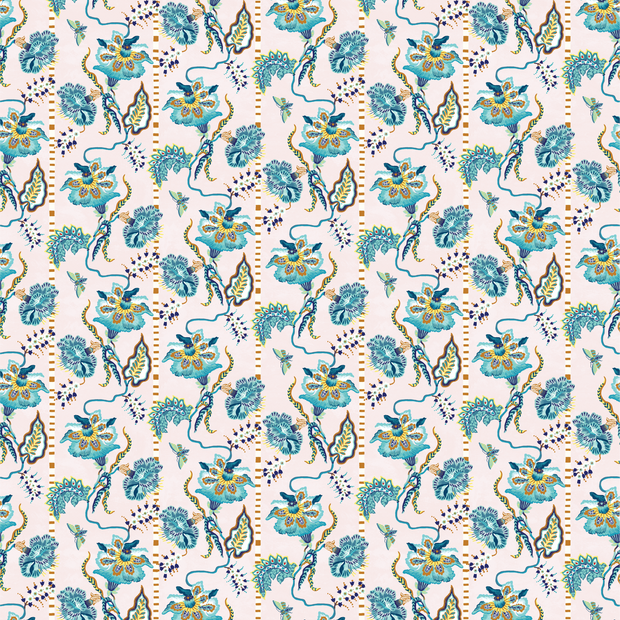 Shop Sarah Gordon Curious Flora fabric in Plaster & French Blue at Supply Showroom. Made from a 53% linen and 47% cotton blend, 53” wide with a 26.6” x 21.6” repeat. Sold by the yard. Lead time: 4-5 weeks.